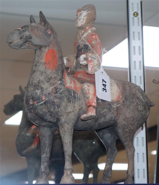 A Chinese painted pottery horse and rider, probably Han dynasty (206 BC - 220AD)